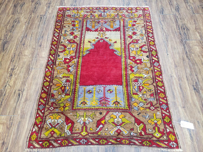 Antique Turkish Prayer Rug 3.8 x 5ft, Colorful Prayer Rug, Red Blue Gold Multicolor Turkish Anatolian Carpet, Handmade Hand-Knotted, Wool