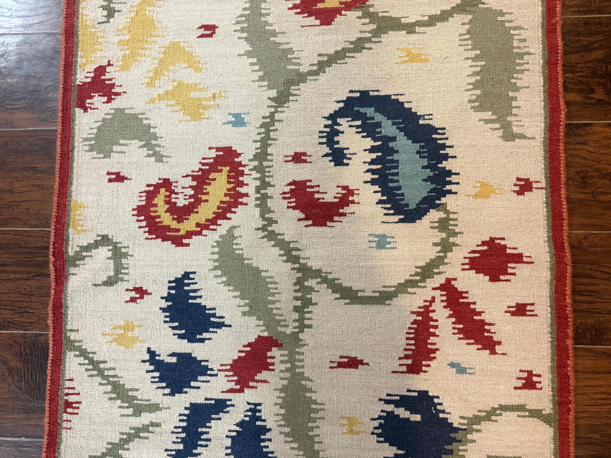 Indian Kilim Flatweave Rug 3x5, Abstract, Beige and Multicolor Flowers, Handmade - Nuvé