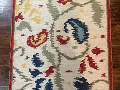 Indian Kilim Flatweave Rug 3x5, Abstract, Beige and Multicolor Flowers, Handmade - Nuvé