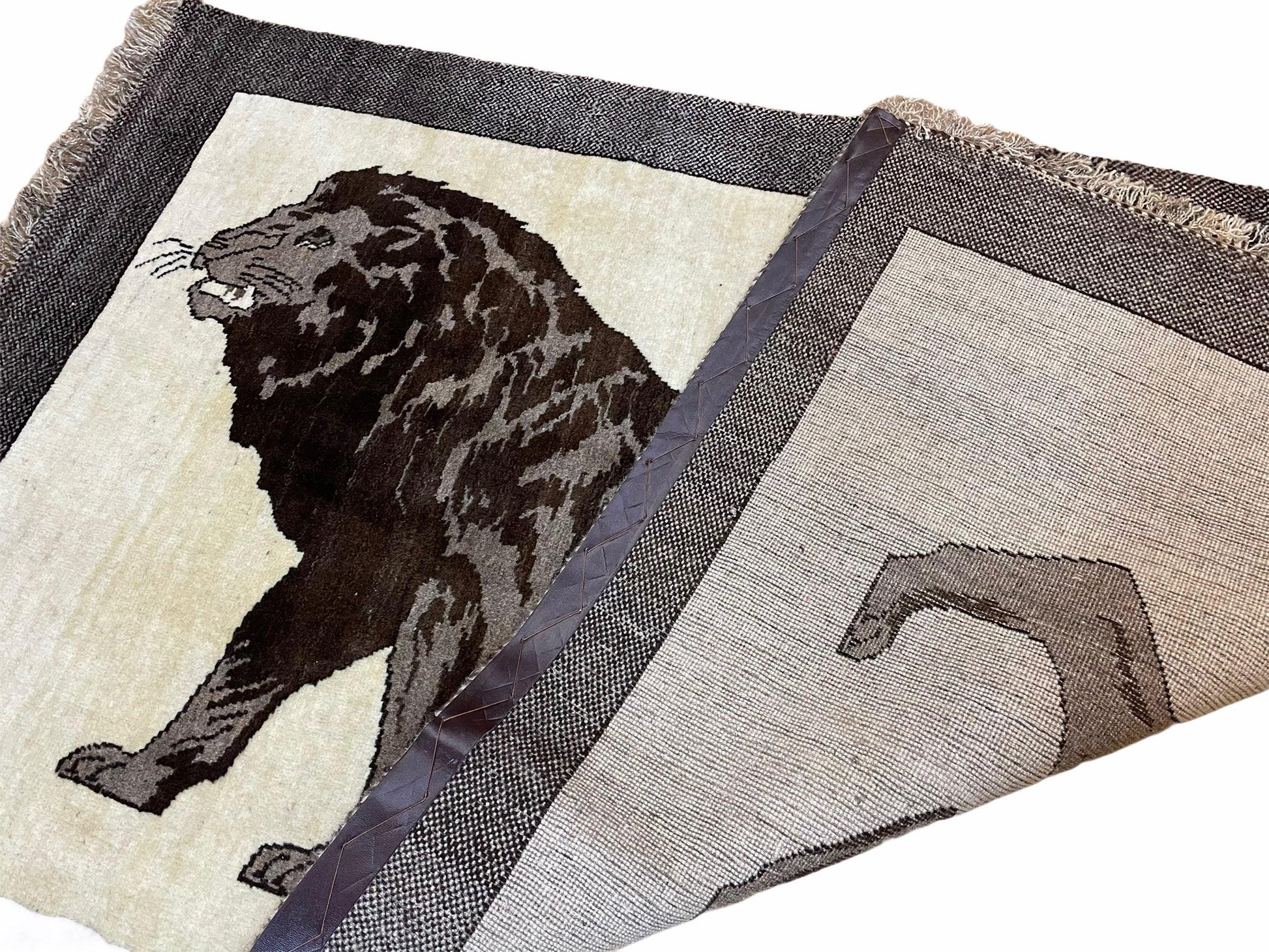3 x 5 Handmade Rug Brown Beige Hand-Knotted Lion Rug New Vintage Quality Animal - Nuvé