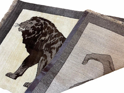 3 x 5 Handmade Rug Brown Beige Hand-Knotted Lion Rug New Vintage Quality Animal - Nuvé