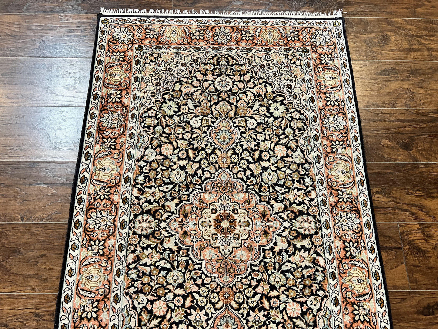 Silk Indian Kashmiri Rug 3x5, Indo Persian Silk on Silk Carpet, Very Fine 350 KPSI, Navy Blue, Handmade, Floral Medallion - Nuvé
