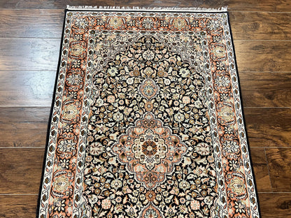 Silk Indian Kashmiri Rug 3x5, Indo Persian Silk on Silk Carpet, Very Fine 350 KPSI, Navy Blue, Handmade, Floral Medallion - Nuvé