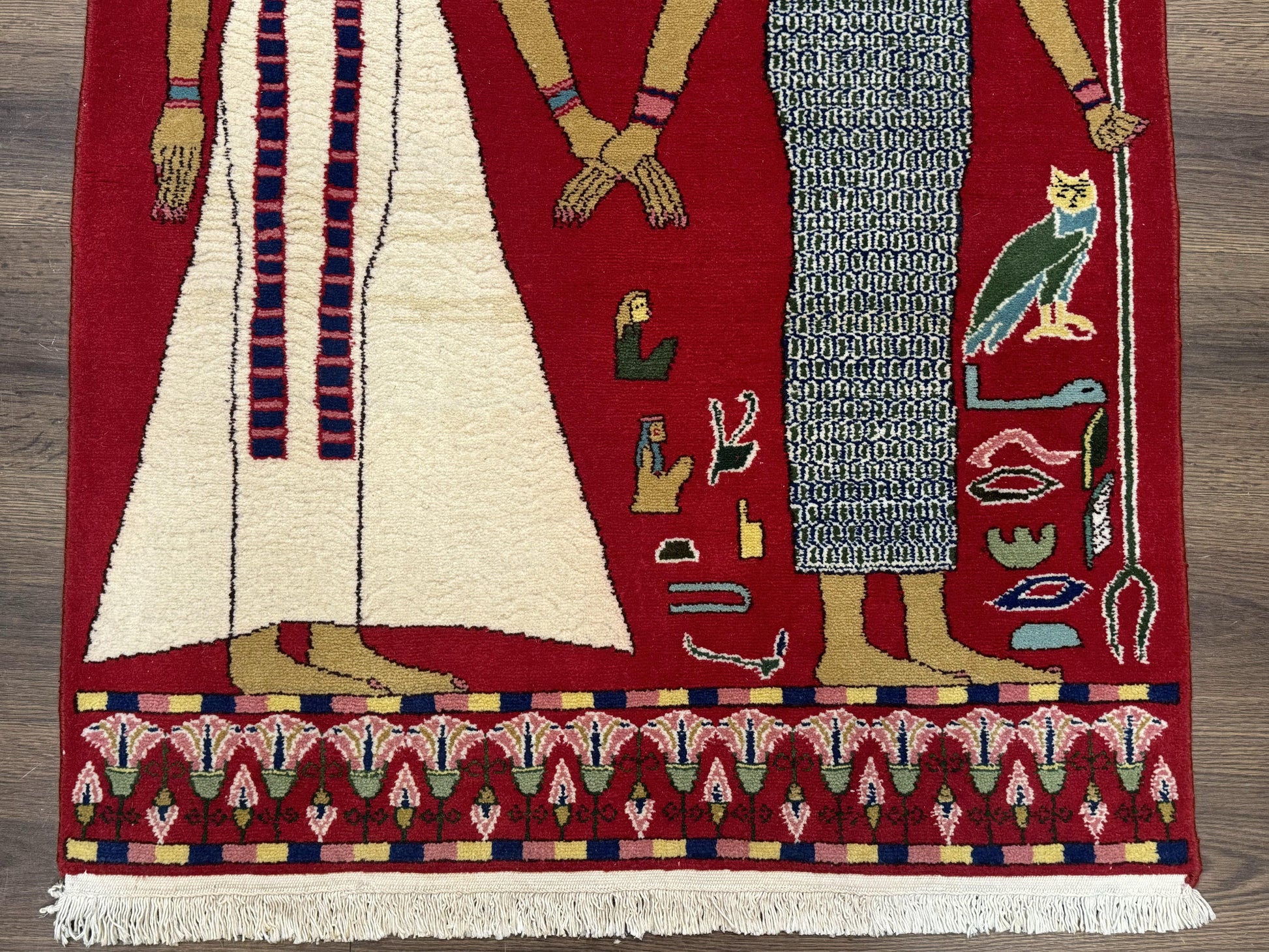 Egyptian Pictorial Rug 3x4, Hieroglyphic Pictorial Rug, Egyptian Prince and Princess, Cleopatra, Vintage Handmade, Red - Nuvé