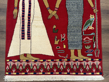 Egyptian Pictorial Rug 3x4, Hieroglyphic Pictorial Rug, Egyptian Prince and Princess, Cleopatra, Vintage Handmade, Red - Nuvé