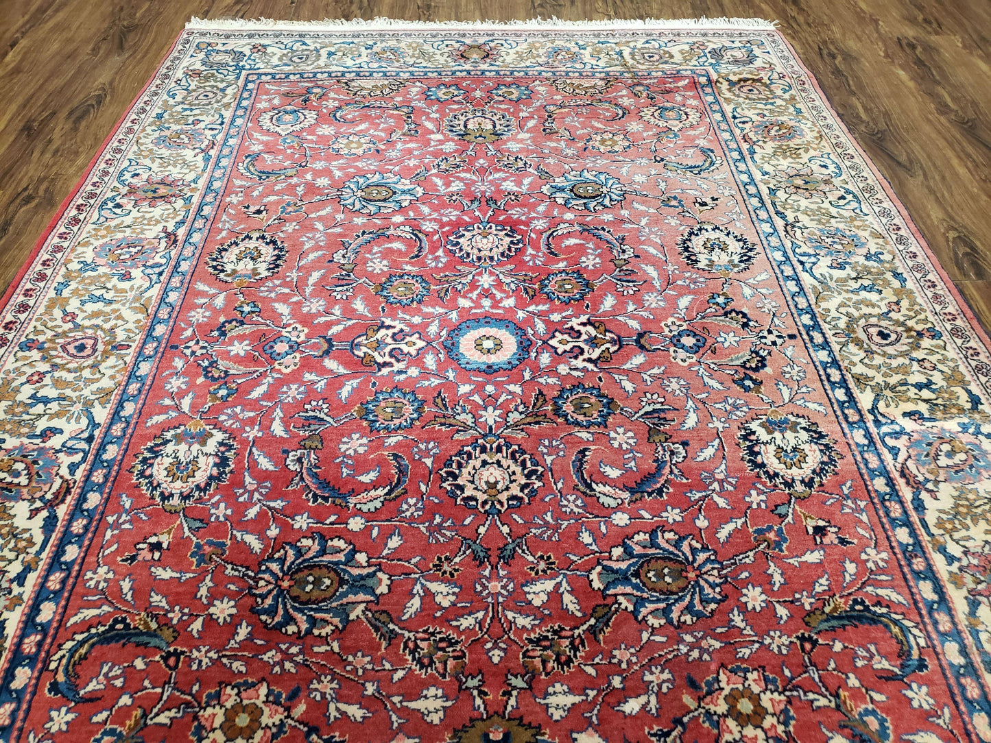 Semi Antique Persian Kashan Rug, Red & Beige, Hand-Knotted, Wool, 4'7" x 6' 6", Pair B - Nuvé