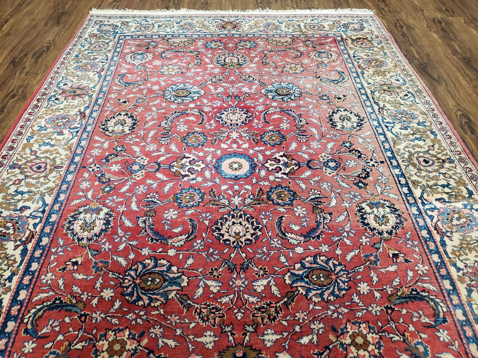Semi Antique Persian Kashan Rug, Red & Beige, Hand-Knotted, Wool, 4'7" x 6' 6", Pair B - Nuvé