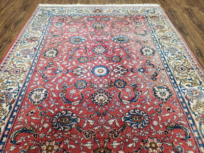 Semi Antique Persian Kashan Rug, Red & Beige, Hand-Knotted, Wool, 4'7" x 6' 6", Pair B - Nuvé