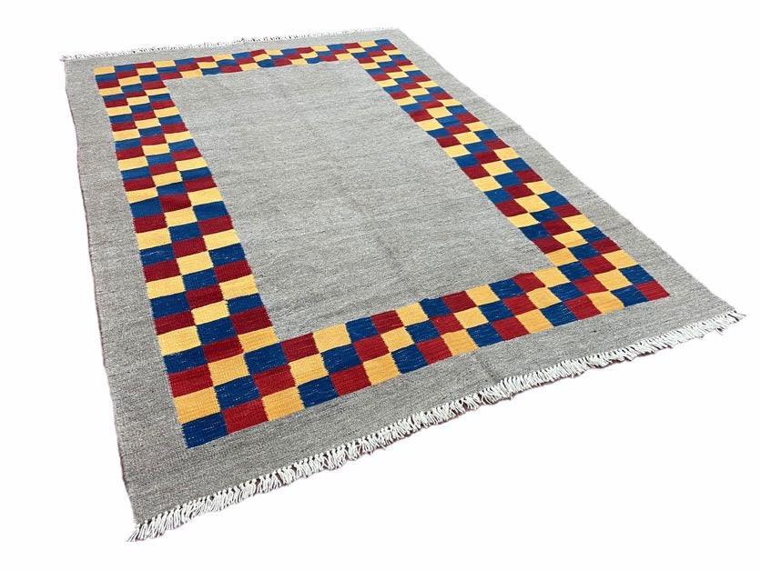 Gray Kilim Carpet, Yellow, Red, Blue Checkerboard Pattern, Flatweave, New, Geometric, Hand-Knotted, Wool, Turkish Area Rug, 5' 9" x 7' 9" - Nuvé