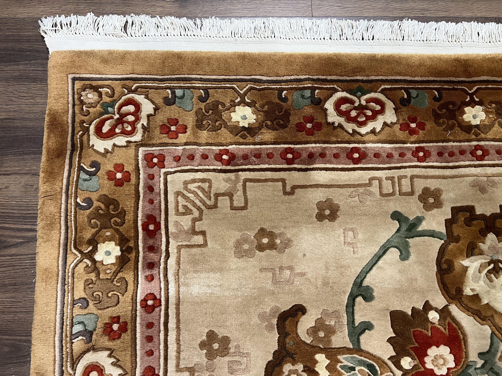 Chinese Wool Rug 5.9 x 9, Tan and Brown Asian Art Deco Carpet, Vintage 1960s Oriental Rug, Hand-Knotted Rug, Soft Wool, Medallion, Pair B - Nuvé