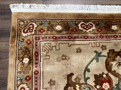 Chinese Wool Rug 5.9 x 9, Tan and Brown Asian Art Deco Carpet, Vintage 1960s Oriental Rug, Hand-Knotted Rug, Soft Wool, Medallion, Pair B - Nuvé
