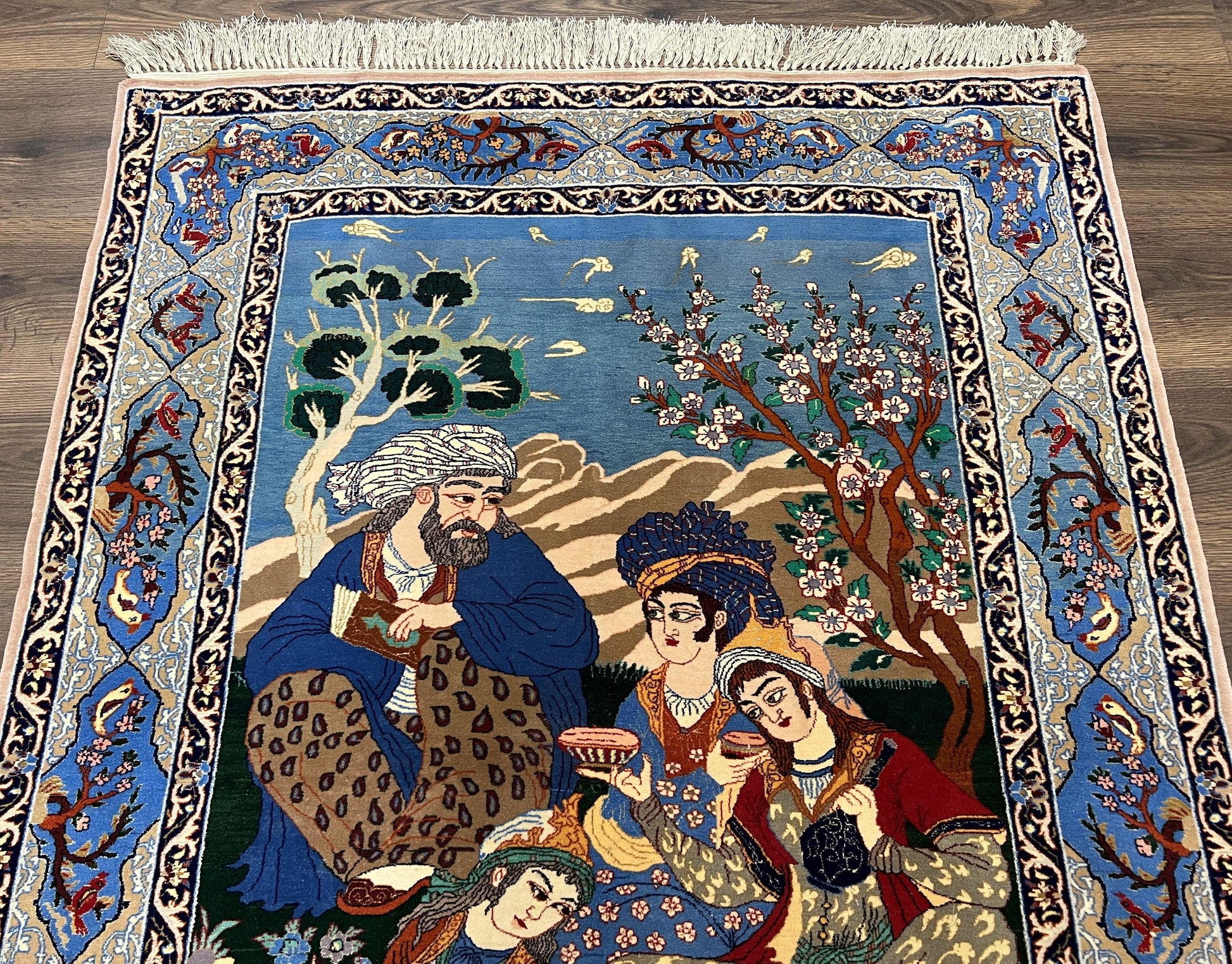 Fine Persian Isfahan Pictorial Rug 3.7 x 5, Kork Wool on Silk Foundation, Blue Persian Carpet, Hand Knotted, Humans Birds, High KPSI, Semi Antique - Nuvé