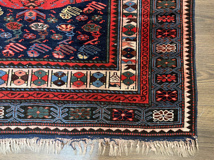 Antique Caucasian Seychour Rug 3.7 x 5.5, Collectible Oriental Carpet, Navy Blue and Red, Fine Kuba Rug, Vintage Rug, Wool Hand Knotted Rug - Nuvé