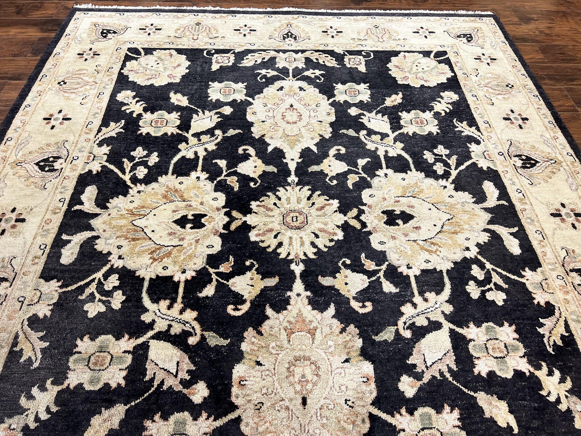 Indo Mahal Rug 8x10, Black and Beige, Vintage Rug 8 x 10 ft, Floral, Handmade Wool Carpet - Nuvé