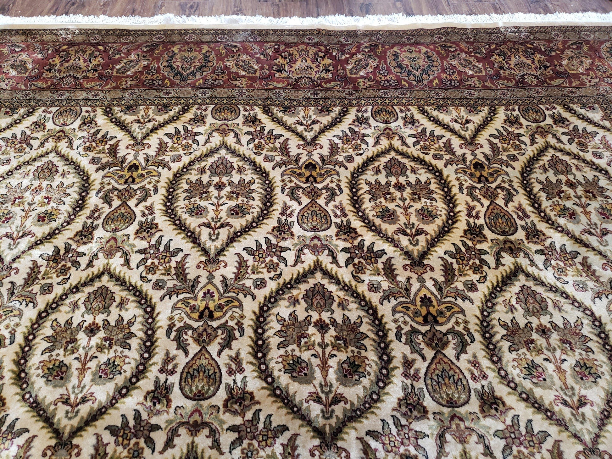 Vintage Indo Persian Area Rug 9x12, Wool Hand-Knotted Ivory & Dark Red Oriental Carpet, Fine Weave 9 x 12 Indian Rug, Dining Room Rug - Nuvé