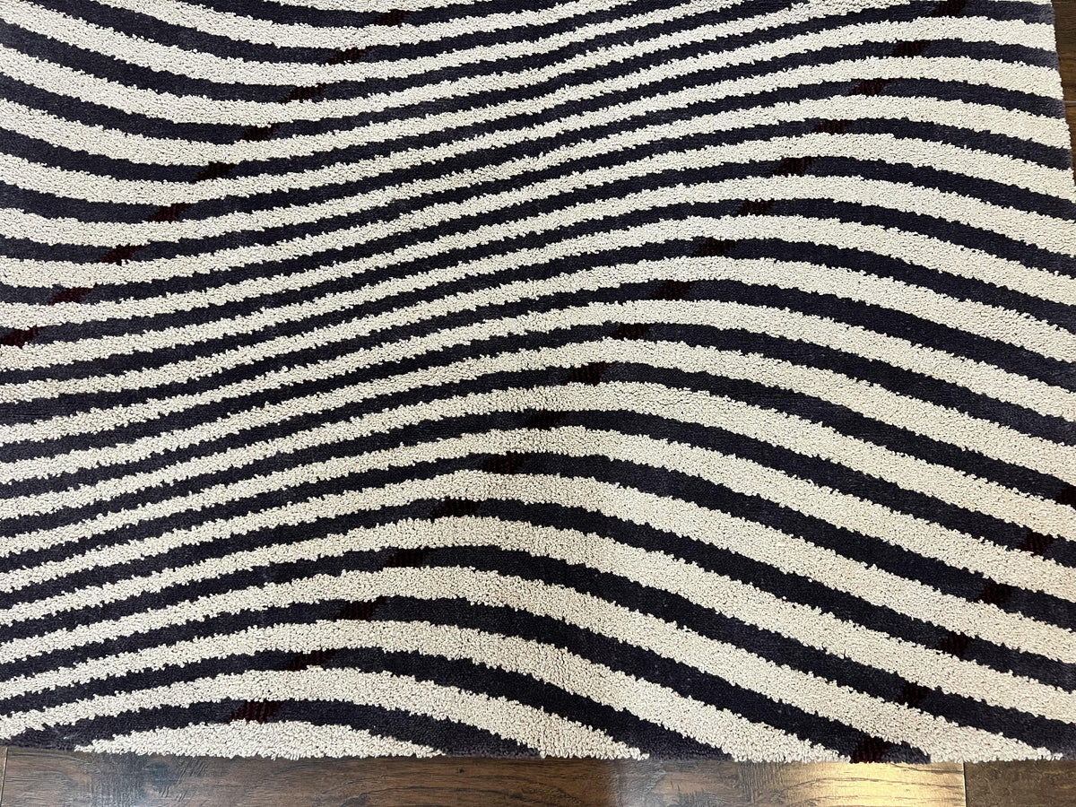 Vintage Zebra Stripes Shag Rug 5.7 x 7.4, Black and White, Retro, Wool