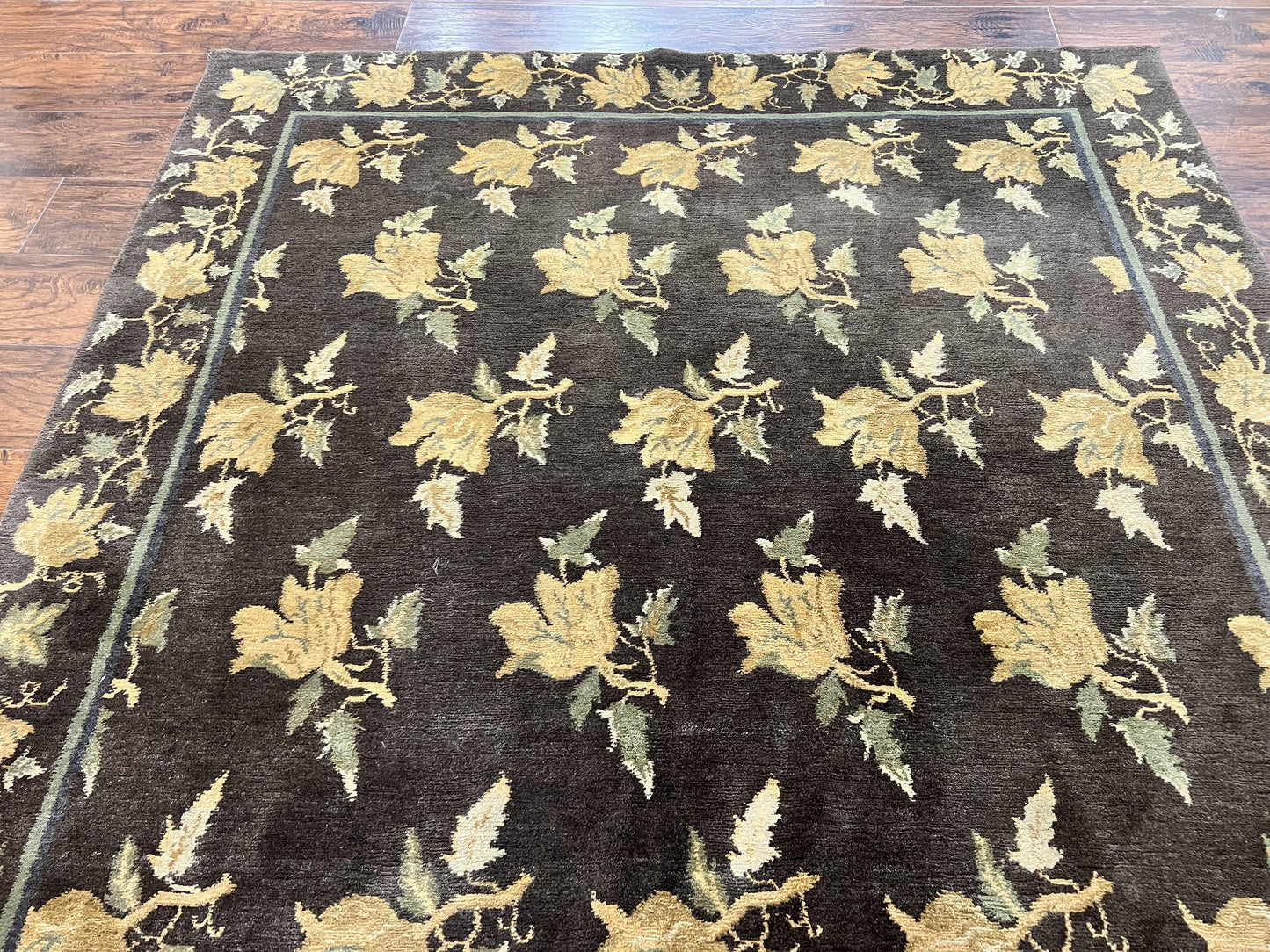 Tibetan Nepal Rug 6x9, Wool Hand Knotted Vintage Carpet 6 x 9, Dark Green & Golden Yellow, Floral Bouquets - Nuvé