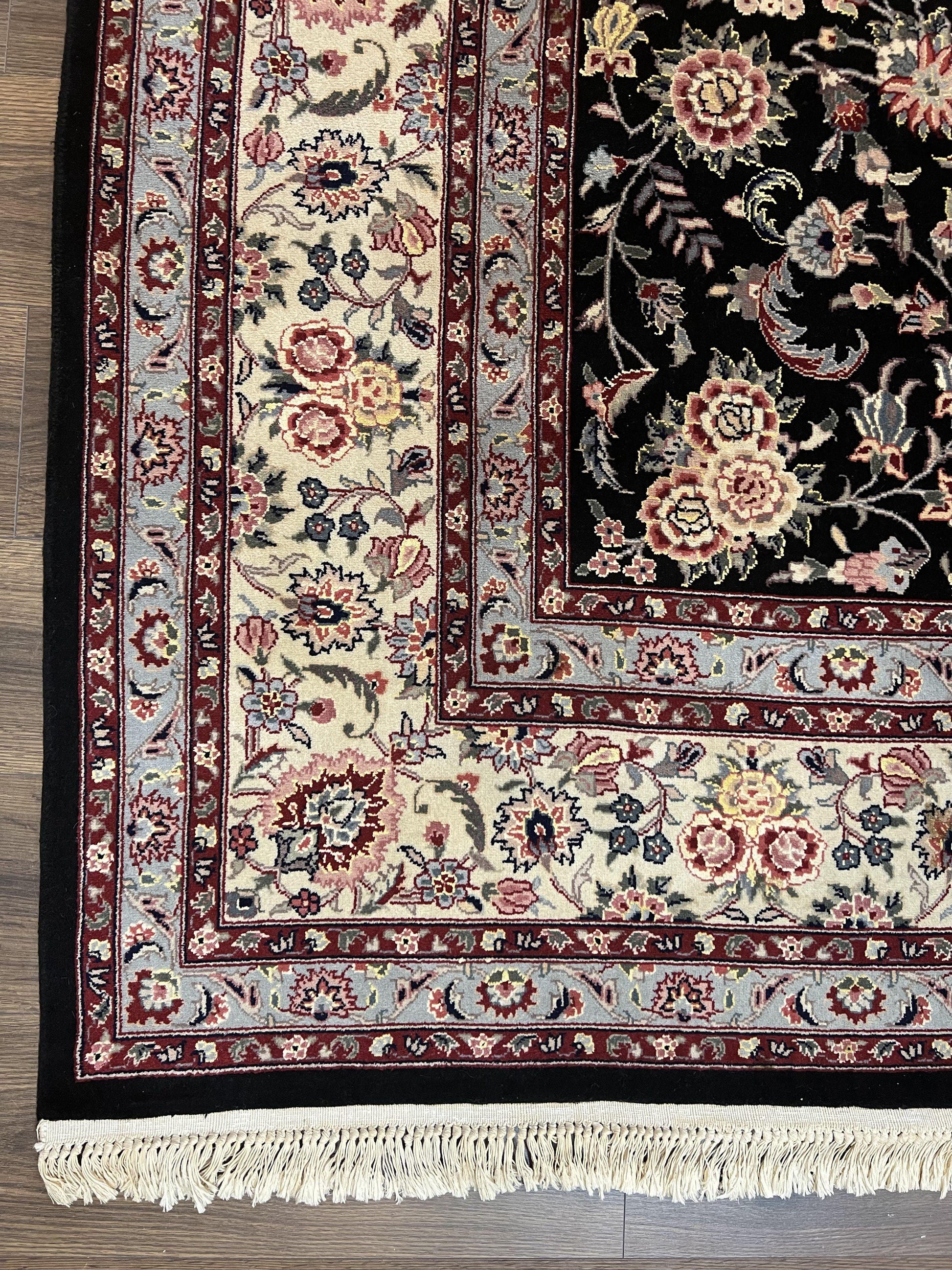 Pak Persian Rug 9x12, Floral Allover, Hand Knotted Oriental Carpet 9 x 12 ft, Black and Cream, Detailed, Wool with Silk Highlights, Vintage - Nuvé