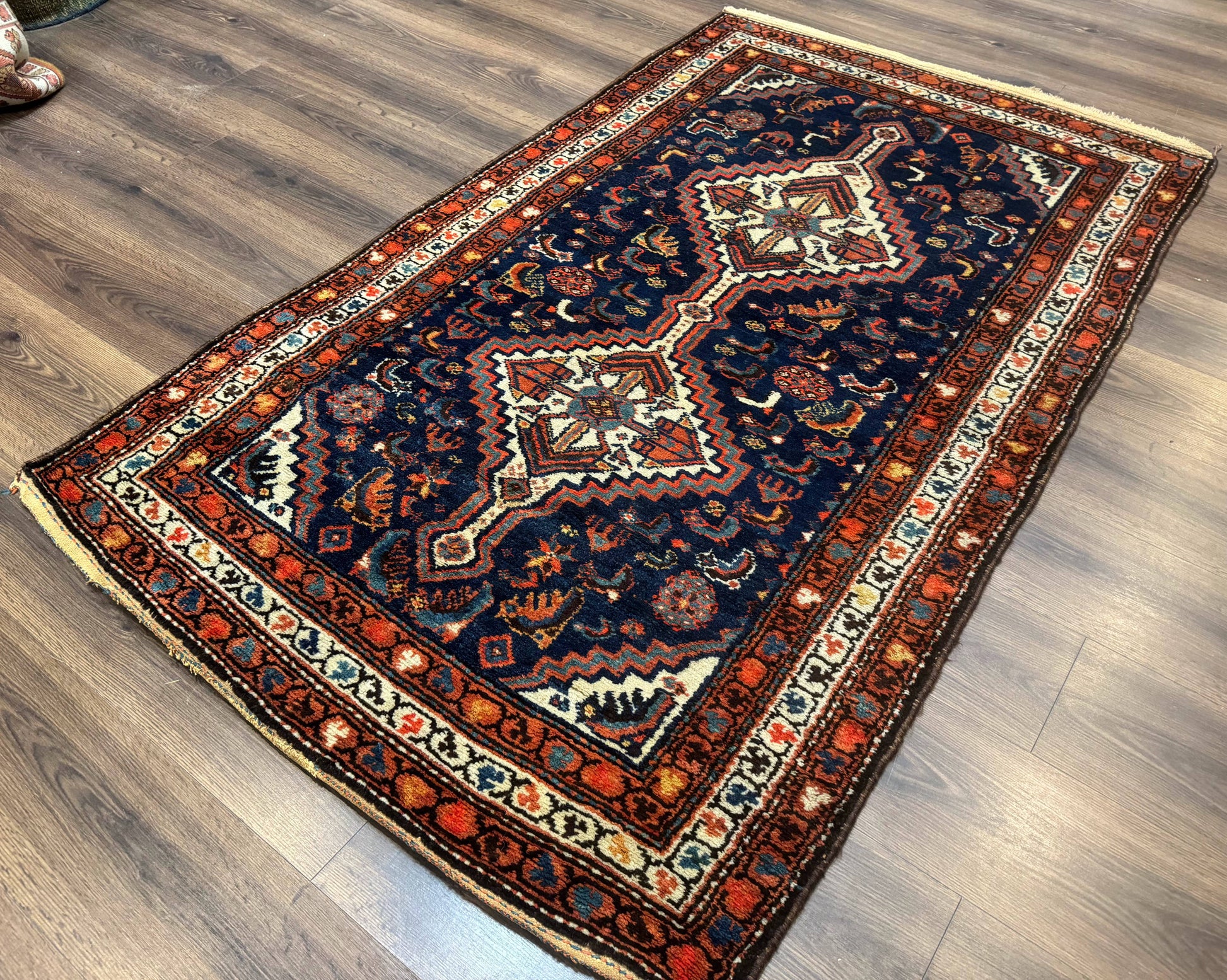 Antique Persian Hamadan Rug 4x6, Geometric, Double Medallions, Navy Blue, Tribal Carpet - Nuvé