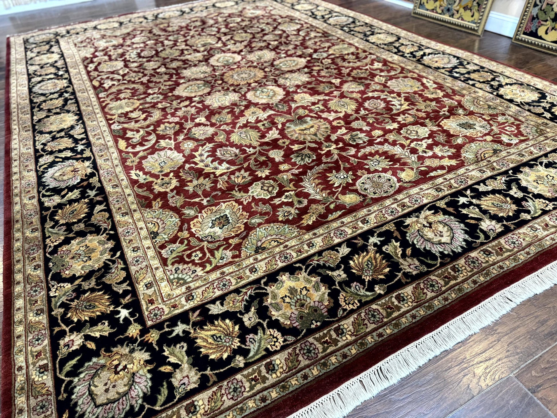 Indian Agra Rug 10x14, Traditional Oriental Carpet, Room Sized Wool Area Rug, Floral, Maroon - Nuvé