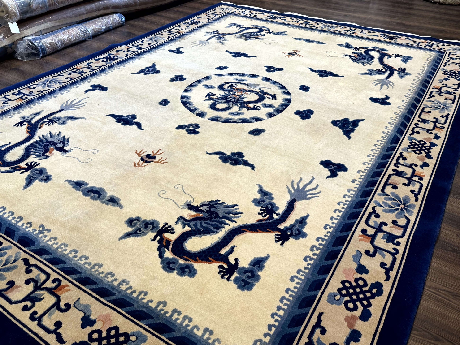 Chinese Dragon Peking Rug 8 x 11.6, Ivory and Blue, Chinese Wool Rug, Vintage - Nuvé