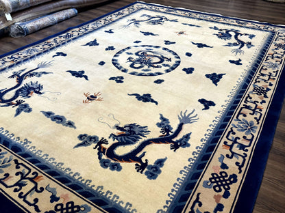 Chinese Dragon Peking Rug 8 x 11.6, Ivory and Blue, Chinese Wool Rug, Vintage - Nuvé