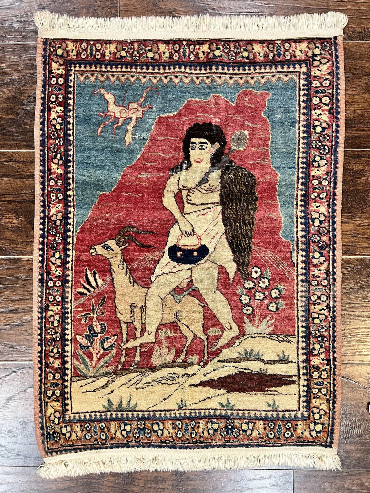 Antique Persian Kirman Rug 2 x 2.5, Small Hand Knotted Wool Carpet, Lavar Rug, Shepherd with Ram Pictorial Rug #1