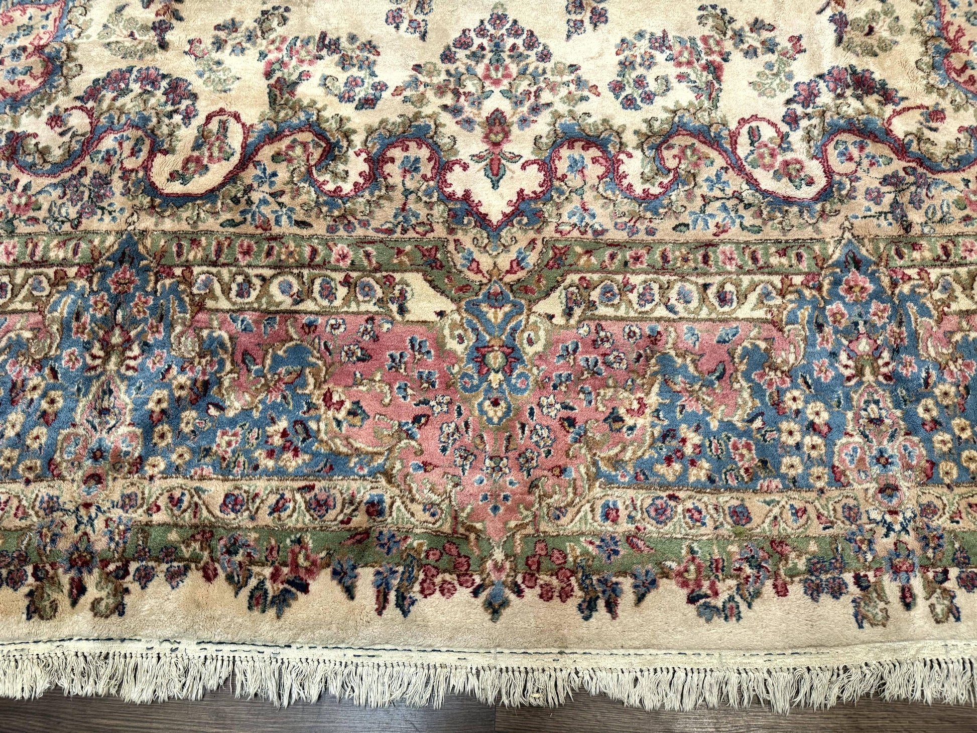 Palace Size Persian Kerman Rug 11x20 ft, Very Fine 340 KPSI, Vintage Oversized Wool Handmade Large Persian Carpet, Beige Light Blue Pink - Nuvé