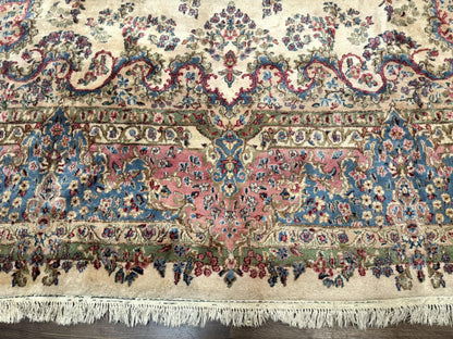 Palace Size Persian Kerman Rug 11x20 ft, Very Fine 340 KPSI, Vintage Oversized Wool Handmade Large Persian Carpet, Beige Light Blue Pink - Nuvé