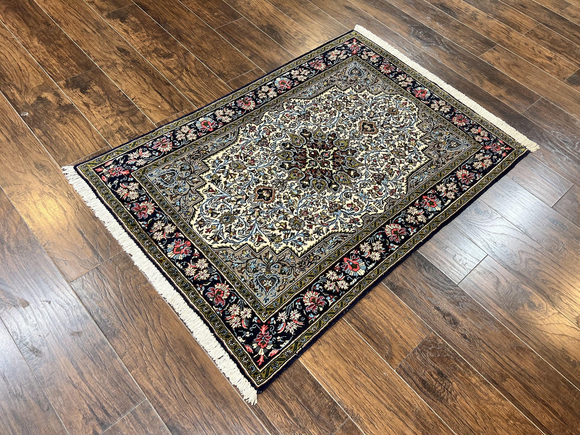 Persian Qum Rug 3x5, Wool with Silk Highlights, Handmade Semi Antique Carpet, Ivory & Navy Blue, Floral Medallion, Finely Hand Knotted - Nuvé