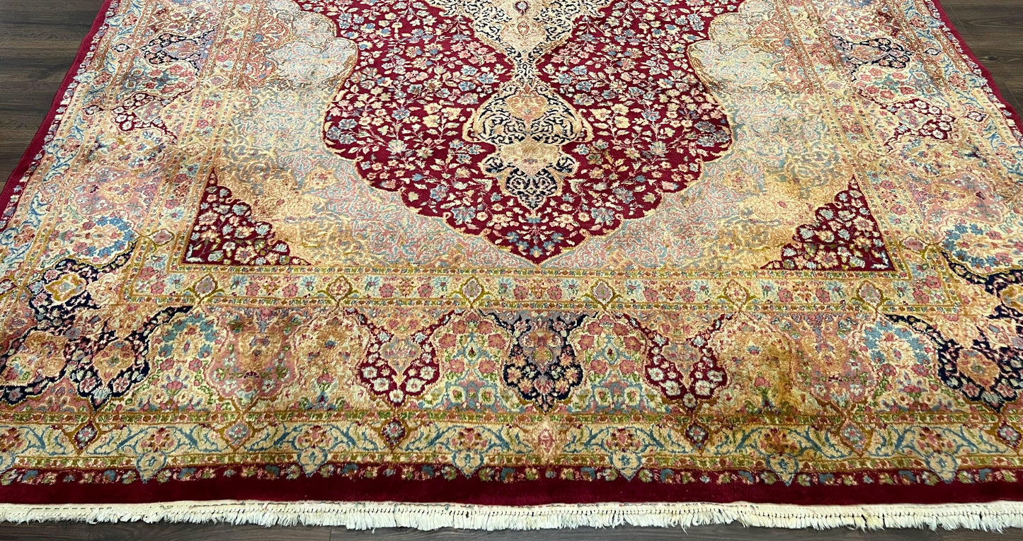 Persian Rug 9x12, Kirman DeLuxe, Millefleur Floral Medallion Carpet, Maroon Light Blue Beige, Semi Antique Authentic Hand Knotted Wool Rug - Nuvé