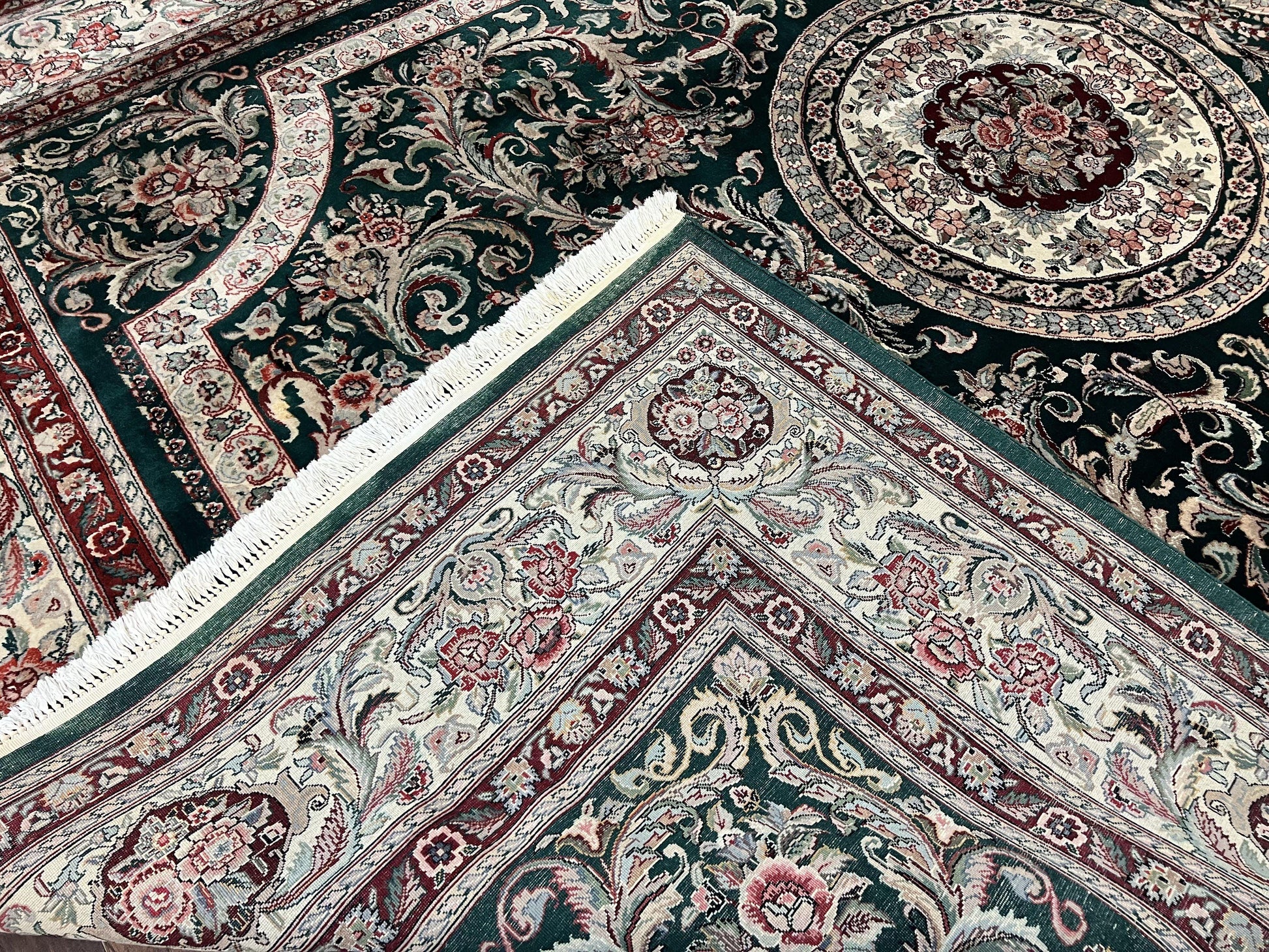 Pak Persian Rug 9x12, Dark Green and Cream, Floral Medallion, Elegant Handmade Wool Carpet 9 x 12 - Nuvé