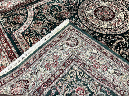 Pak Persian Rug 9x12, Dark Green and Cream, Floral Medallion, Elegant Handmade Wool Carpet 9 x 12 - Nuvé