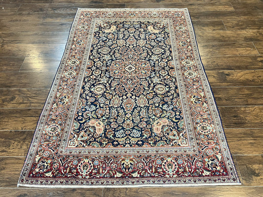 Persian Kashan Rug 4x7, Floral Medallion Vintage Handmade Hand Knotted Navy Blue & Red Wool Oriental Carpet, Highly Detailed Semi Antique Rug - Nuvé