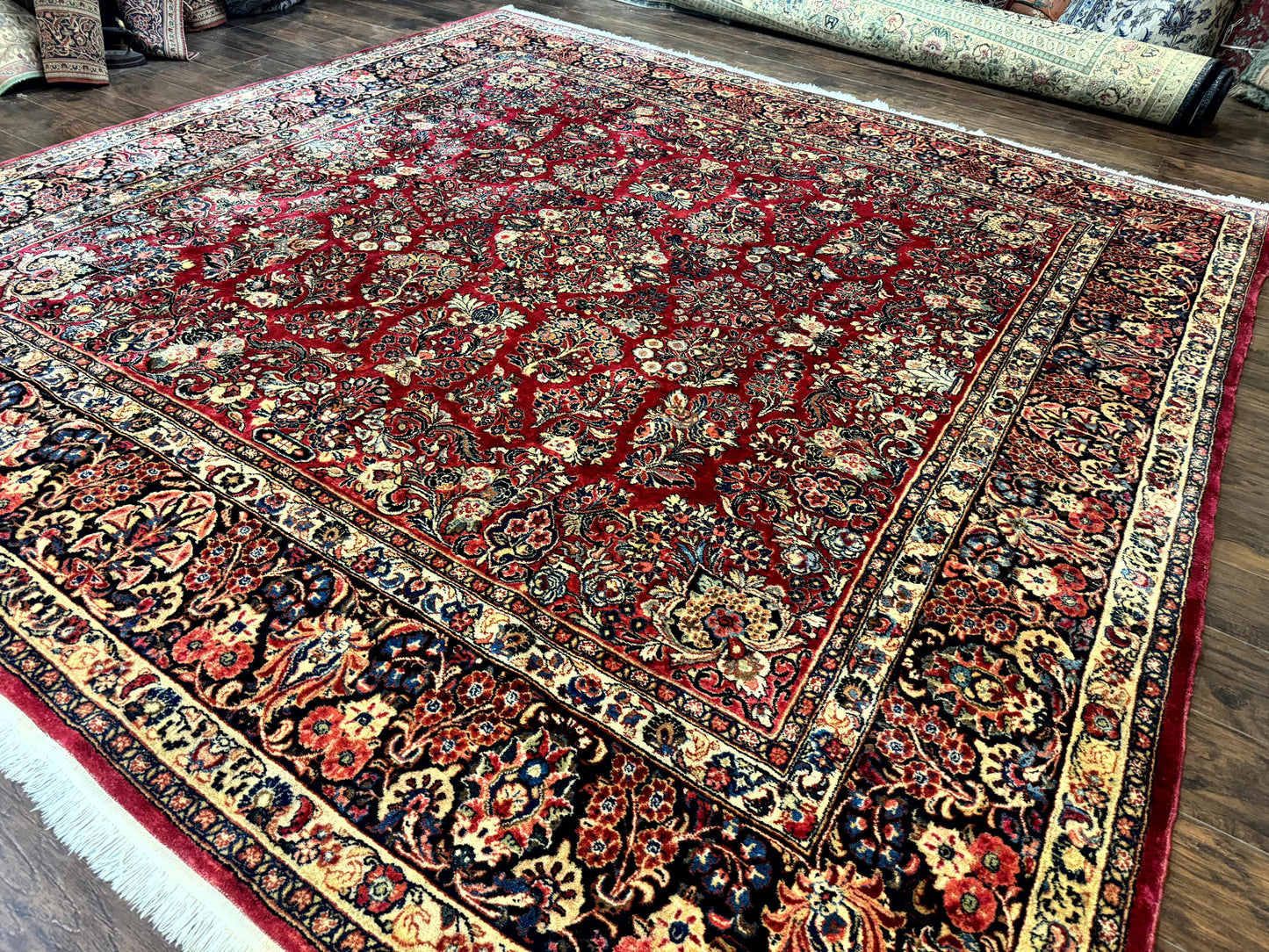 Persian Sarouk Rug 10x10, Square Persian Carpet, Red, Floral, Antique - Nuvé
