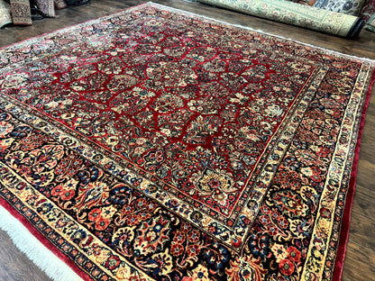 Persian Sarouk Rug 10x10, Square Persian Carpet, Red, Floral, Antique - Nuvé