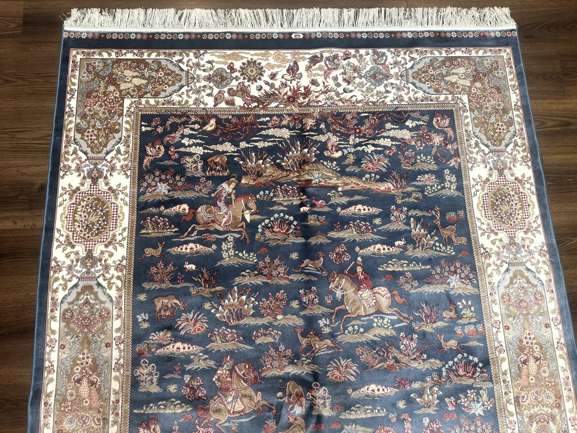 Turkish Silk Rug 5x8, Hunting Design, Animal Pictorials, Steel Blue & Ivory, Bamboo Silk - Nuvé