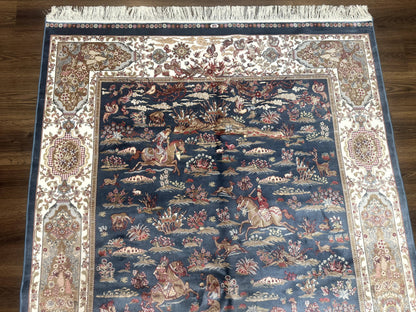 Turkish Silk Rug 5x8, Hunting Design, Animal Pictorials, Steel Blue & Ivory, Bamboo Silk - Nuvé