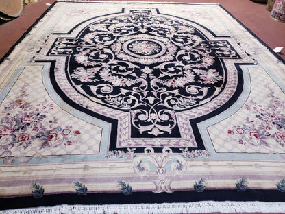 8x10 Aubusson Rug, Fine Hand Knotted Wool Carpet, French European Design, Black & Ivory - Nuvé