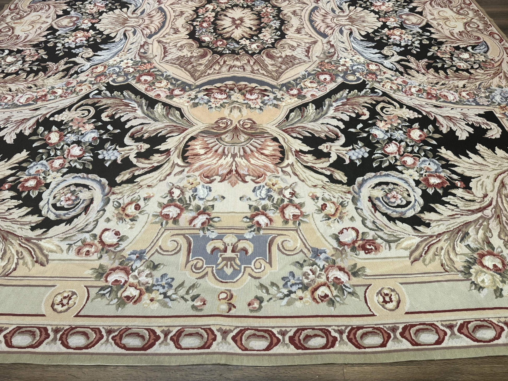 Wonderful Needlepoint Rug 10x14, Large Aubusson Carpet, Floral, Elegant, European Design - Nuvé