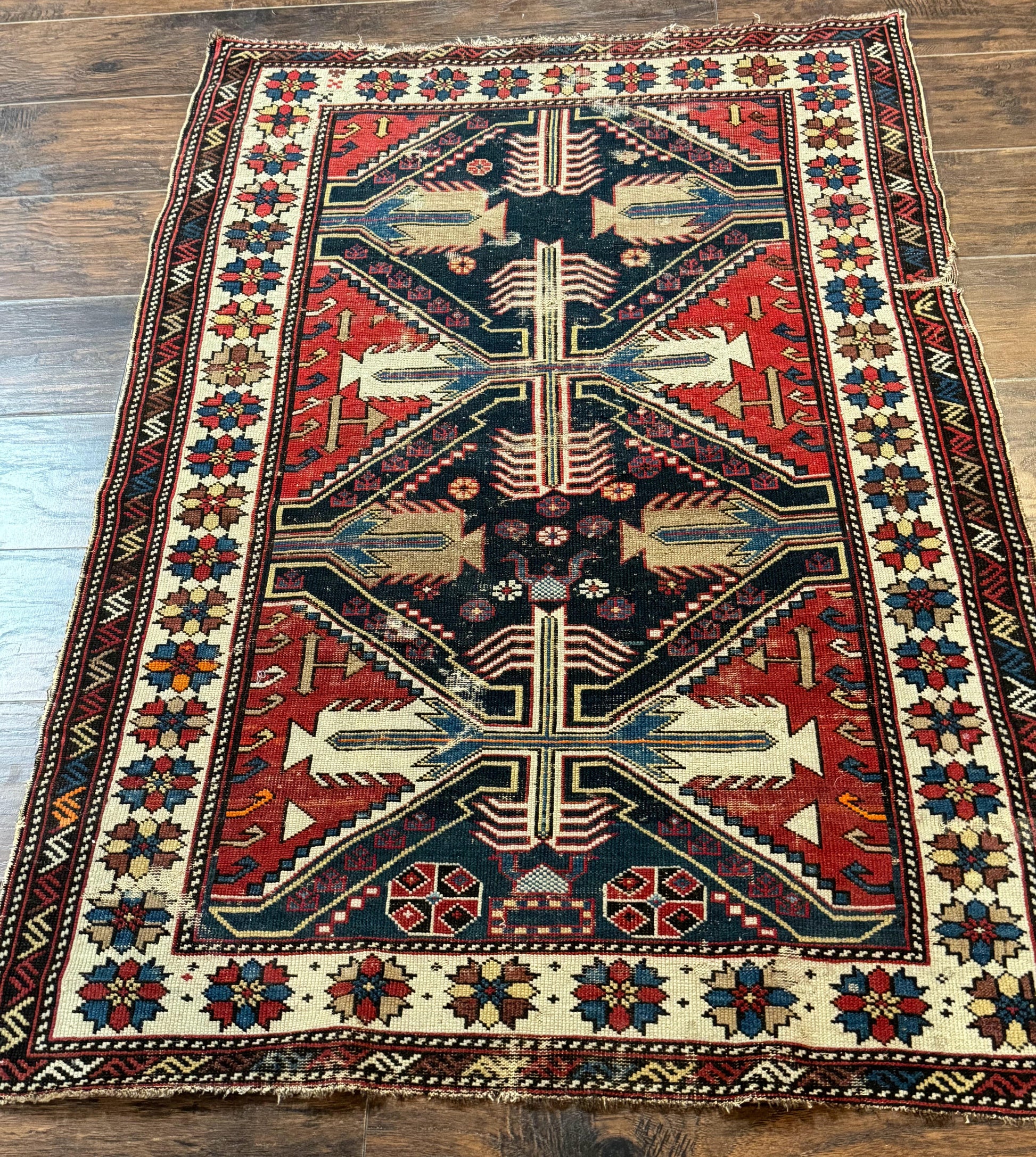 Antique Shirvan Caucasian Rug 3x5, Geometric Pattern, Red Navy Blue Beige - Nuvé