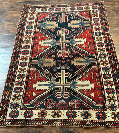 Antique Shirvan Caucasian Rug 3x5, Geometric Pattern, Red Navy Blue Beige - Nuvé