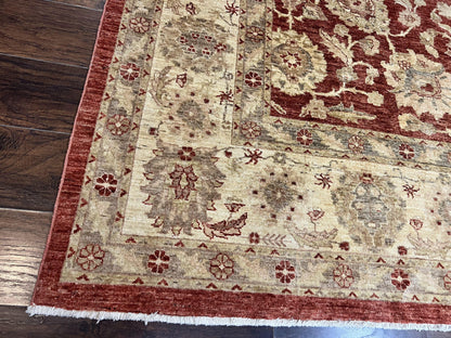 Pak Persian Rug 10x14, Sultanabad Mahal Peshawar Chobi Carpet, Large Vintage Wool Oriental Rug, Maroon & Beige, Floral Allover, Handmade - Nuvé