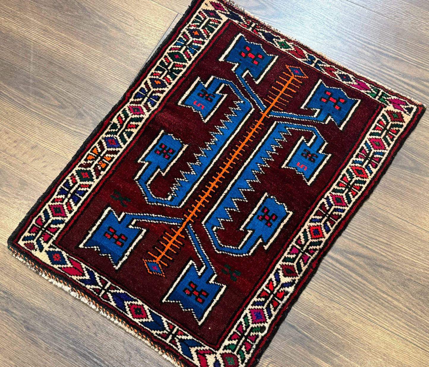 Persian Tribal Rug 1.8 x 2, Small Balouchi Rug, Unique Design, Burgundy and Blue - Nuvé