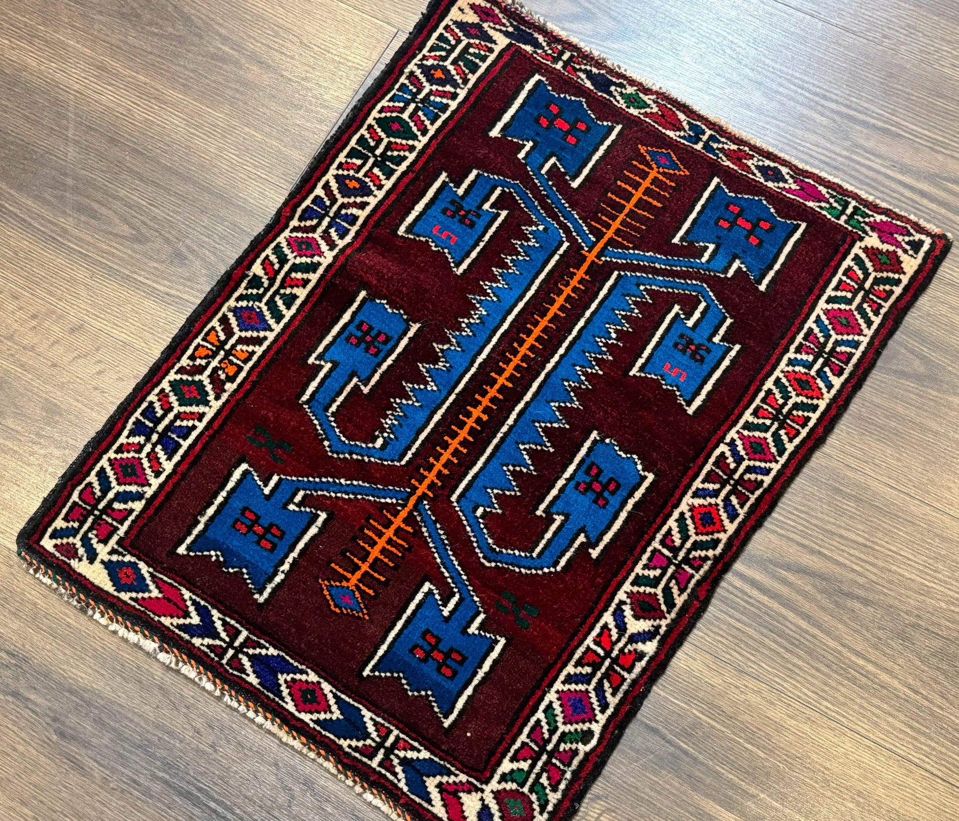 Persian Tribal Rug 1.8 x 2, Small Balouchi Rug, Unique Design, Burgundy and Blue - Nuvé