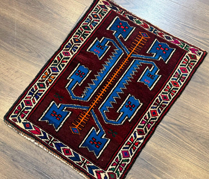 Persian Tribal Rug 1.8 x 2, Small Balouchi Rug, Unique Design, Burgundy and Blue - Nuvé