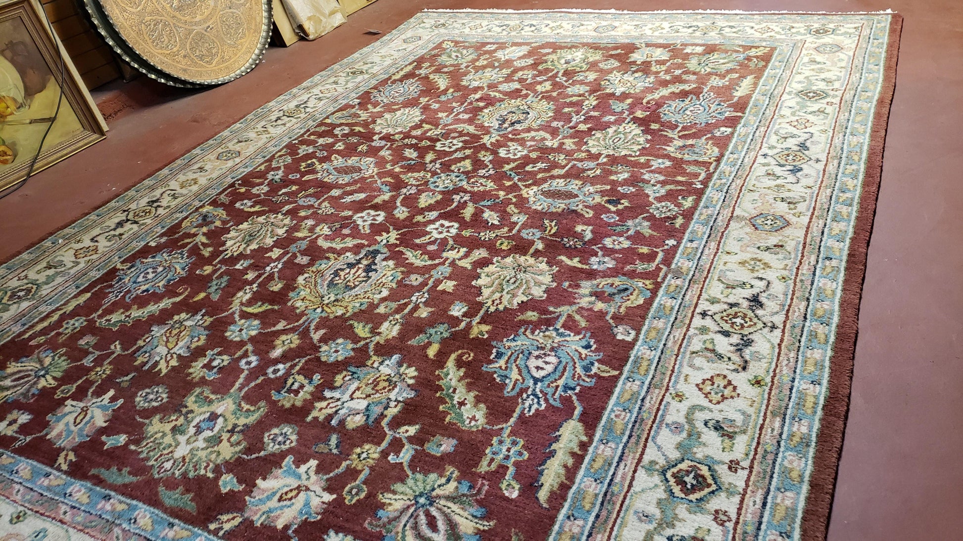8x12 Indo-Mahal Rug, Floral Allover, Red & Beige, Wool Vintage Handmade Traditional Carpet - Nuvé