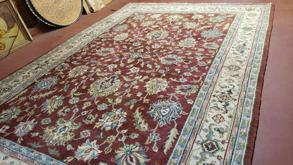 8x12 Indo-Mahal Rug, Floral Allover, Red & Beige, Wool Vintage Handmade Traditional Carpet - Nuvé