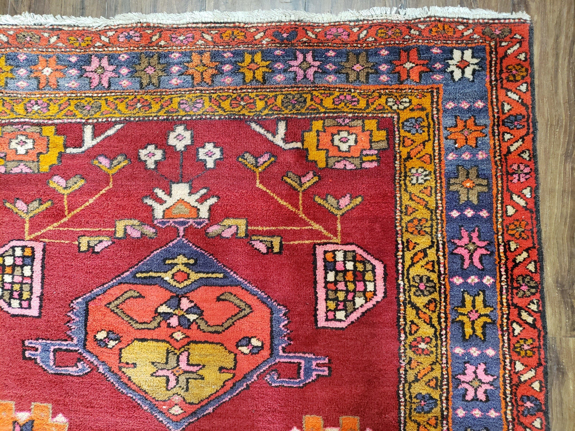 Antique Persian Karajeh Runner Rug 4.4 x 11 ft, Red Colorful Geometric Medallion Runner - Nuvé