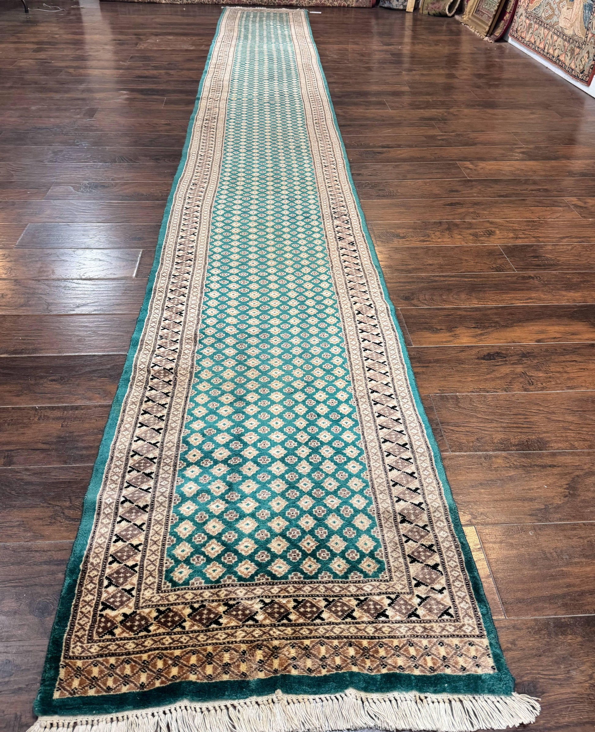 Long Pakistani Runner Rug 2.8 x 20, Hand Knotted Vintage Wool Hallway Rug, Turkoman Rug, Teal and Tan, Handmade Vintage Wool Runner - Nuvé